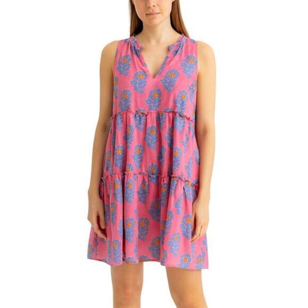 J Marie Sleeveless Split Neck Piper Tiered Mini Dress Blue/Pink size Large